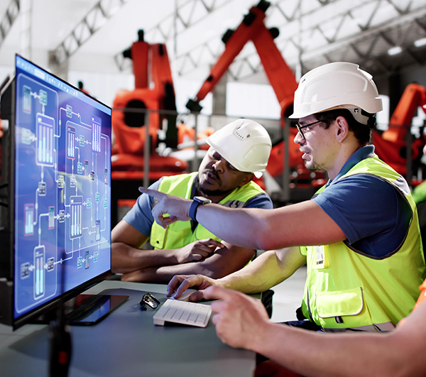 Engineer using SCADA desktop software at car manufacturing plant line.